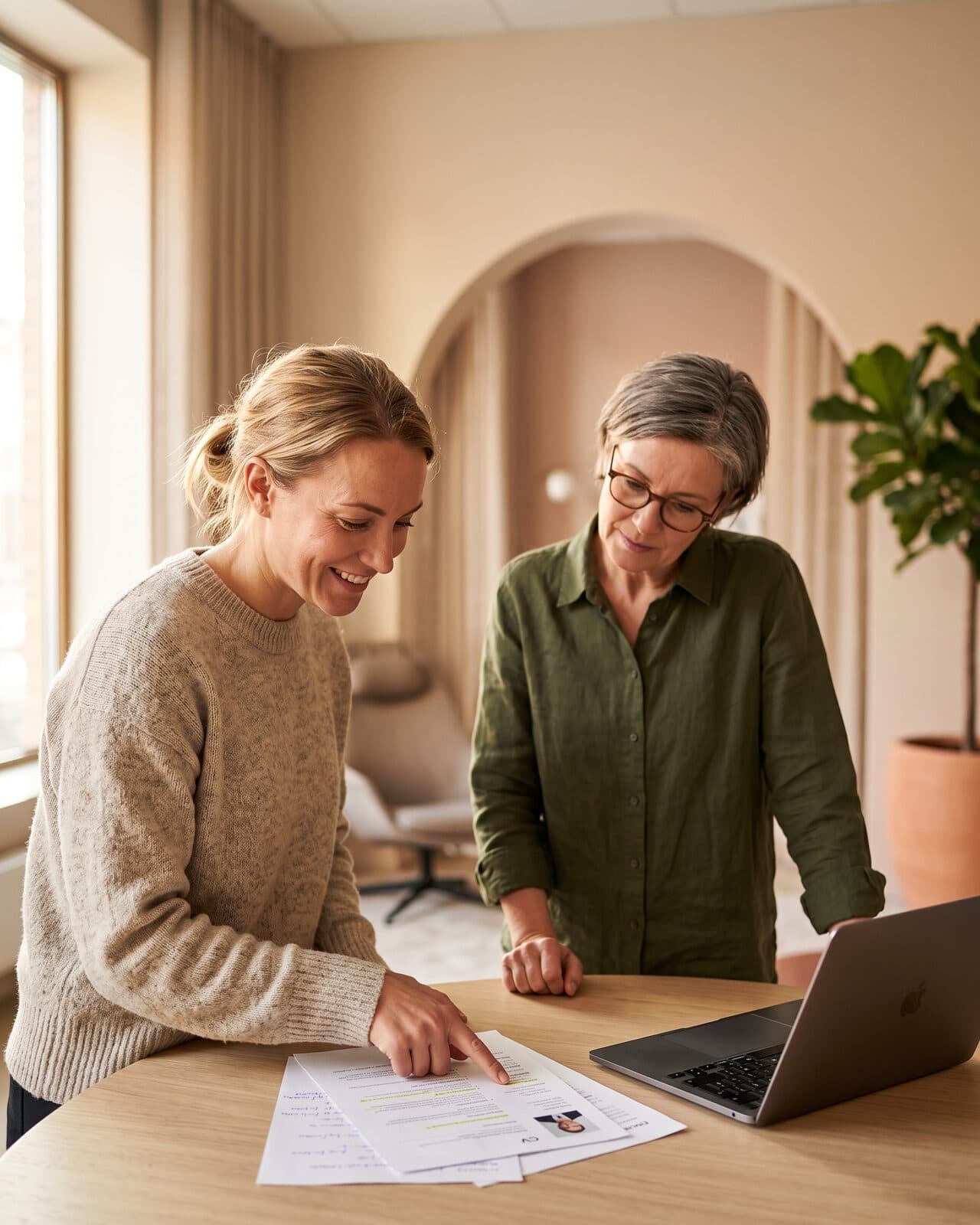 Hiring manager and colleague going through candidate material together