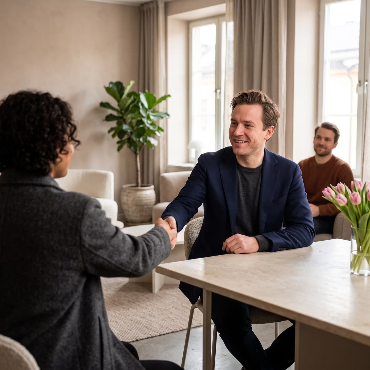 Rekryterande chef hälsar på en kandidat med ett handslag